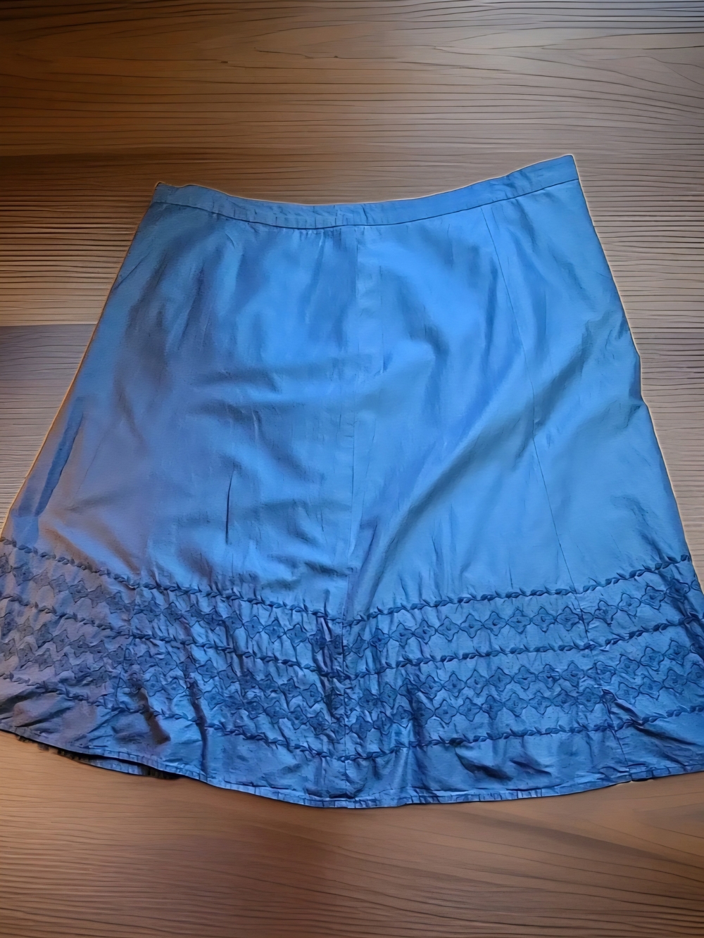 Liz & Co. A-Line Skirt Women's Sz 14 Blue Cotton Sateen Lined Embroidered Hem